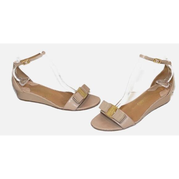 Salvatore Ferragamo Margot Demi Wedge Sandals 6.5B  Bisque Patent Leather Bow - Picture 3 of 12